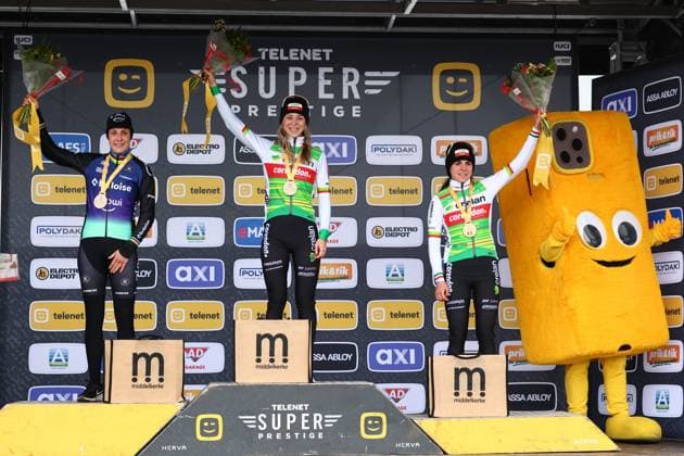 Dutch Lucinda Brand, Dutch Inge van der Heijden and Italian Sara Casasola pictured on the podium after the women elite race of the Noordzeecross cyclocross cycling event in Middelkerke, the eighth and last race of the Superprestige competition on Saturday 08 February 2025. DAVIDxPINTENS  x111984024x