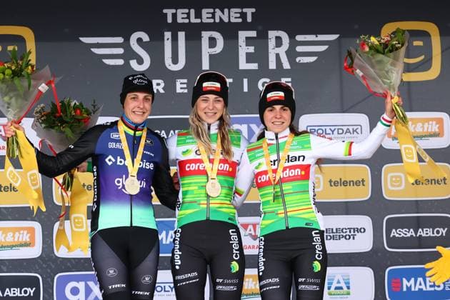 Dutch Lucinda Brand, Dutch Inge van der Heijden and Italian Sara Casasola pictured on the podium after the women elite race of the Noordzeecross cyclocross cycling event in Middelkerke, the eighth and last race of the Superprestige competition on Saturday 08 February 2025. DAVIDxPINTENS  x111984032x