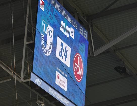 08 02 2025 Soccer Season 2024 2025 2 Soccer Bundesliga 21 Matchday 1 FC Magdeburg FCM 1 FC Nuremberg FCN Club Sportfoto Zink DaMa xdaxmax DFL regulations prohibit any use of photographs as image sequences and or quasi video only for editorial use Scoreboard with final score 3 4 for 1 FC Nuremberg FCN