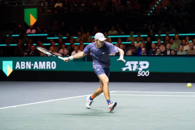 2025-02-08 ABN AMRO Open 2025 ROTTERDAM, NETHERLANDS - FEBRUARY 8: Alex de Minaur of Australia competing in the Men s Singles during the ABN AMRO Open 2025 at Rotterdam Ahoy on February 8, 2025 in Rotterdam, Netherlands. Rotterdam Rotterdam Ahoy Netherlands Content not available for redistribution in The Netherlands directly or indirectly through any third parties. Copyright: xMarleenxFouchierx