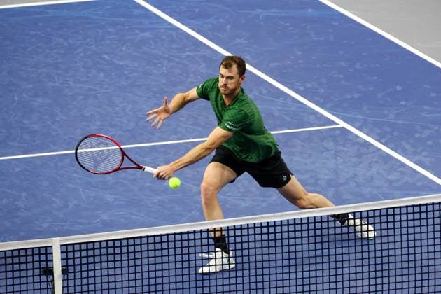 FRISCO, TX - FEBRUARY 08: Jamie Murray (GBR) hits a volley during the doubles semifinals of the Dallas Open on February 8, 2025 at Ford Center at The Star in Frisco, TX. (Photo by George Walker Icon Sportswire) TENNIS: FEB 08 Dallas Open EDITORIAL USE ONLY Icon250208019