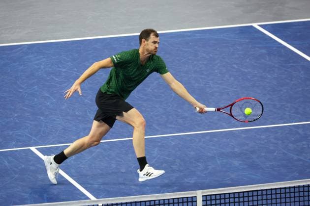 FRISCO, TX - FEBRUARY 08: Jamie Murray (GBR) hits a forehand during the doubles semifinals of the Dallas Open on February 8, 2025 at Ford Center at The Star in Frisco, TX. (Photo by George Walker Icon Sportswire) TENNIS: FEB 08 Dallas Open EDITORIAL USE ONLY Icon250208031