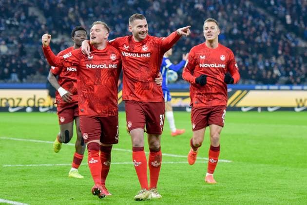 08.02.2025, xlakx, Fussball 2.Bundesliga, Hertha BSC Berlin - 1.FC Kaiserslautern emspor, v.l. Jubel nach dem 0:1 durch Luca Sirch (1.FC Kaiserslautern 31),Marlon Ritter (1.FC Kaiserslautern 7) (DFL DFB REGULATIONS PROHIBIT ANY USE OF PHOTOGRAPHS as IMAGE SEQUENCES and or QUASI-VIDEO) Daniel Lakomski Jan Huebner Berlin