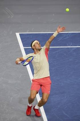 FRISCO, TX - FEBRUARY 08: Casper Ruud (NOR) serves during the semifinals of the Dallas Open on February 8, 2025 at Ford Center at The Star in Frisco, TX. (Photo by George Walker Icon Sportswire) TENNIS: FEB 08 Dallas Open EDITORIAL USE ONLY Icon250208068