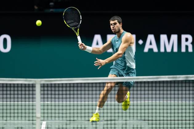 2025-02-08 ABN AMRO Open 2025 ROTTERDAM, NETHERLANDS - FEBRUARY 8: Carlos Alcaraz (ESP) during the ABN AMRO Open 2025 at Rotterdam Ahoy on February 8, 2025 in Rotterdam, Netherlands. Rotterdam Rotterdam Ahoy Netherlands Content not available for redistribution in The Netherlands directly or indirectly through any third parties. Copyright: xMarleenxFouchierx