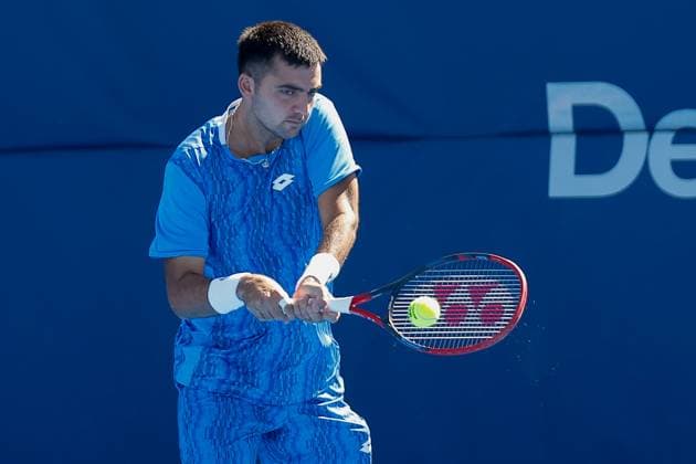 DELRAY BEACH, FL - FEBRUARY 08: Marcelo Tomas Barrios Vera (CHI) hits a backhand at the Delray Beach Open on February 8, 2025, at the Delray Beach Stadium & Tennis Center in Delray Beach, Florida.(Photo by Chris Arjoon Icon Sportswire) TENNIS: FEB 08 Delray Beach Open EDITORIAL USE ONLY Icon25020800131