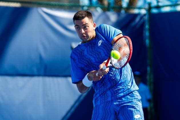 DELRAY BEACH, FL - FEBRUARY 08: Marcelo Tomas Barrios Vera (CHI) hits a backhand in his match against Ethan Quinn (USA) during the Delray Beach Open on February 8, 2025, at the Delray Beach Stadium & Tennis Center in Delray Beach, Florida.(Photo by Chris Arjoon Icon Sportswire) TENNIS: FEB 08 Delray Beach Open EDITORIAL USE ONLY Icon25020800180