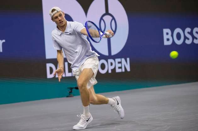 February 8, 2025, Frisco, Texas, USA: DENIS SHAPOVALOV (CAN) returns with a forehand in a singles semifinal match against TOMMY PAUL (USA) during day eight of the 2025 Dallas Open at the Star in Frisco, TX. DENIS SHAPOVALOV (CAN) defeated TOMMY PAUL (USA), 7:5, 6:3. Frisco USA - ZUMAh193 20250208_zsp_h193_068 Copyright: xDanielxMcGregor-Huyerx