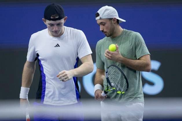 February 8, 2025, Frisco, Texas, USA: (Left to right) ROBERT CASH (USA) and JJ TRACY (USA) interact in a doubles semifinal match against ARIEL BEHAR (URY) ROBERT GALLOWAY during day eight of the 2025 Dallas Open at the Star in Frisco, TX. ARIEL BEHAR (URY) ROBERT GALLOWAY (USA) defeated ROBERT CASH (USA) JJ TRACY (USA), 6:2, 2:6, 7:6. Frisco USA - ZUMAh193 20250208_zsp_h193_086 Copyright: xDanielxMcGregor-Huyerx