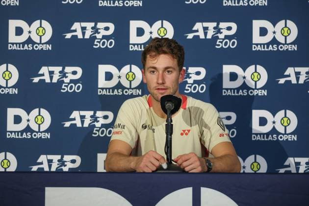 FRISCO, TX - FEBRUARY 08: Casper Ruud (NOR) talks to the press after winning his semifinal match of the Dallas Open on February 8, 2025 at Ford Center at The Star in Frisco, TX. (Photo by George Walker Icon Sportswire) TENNIS: FEB 08 Dallas Open EDITORIAL USE ONLY Icon250208088