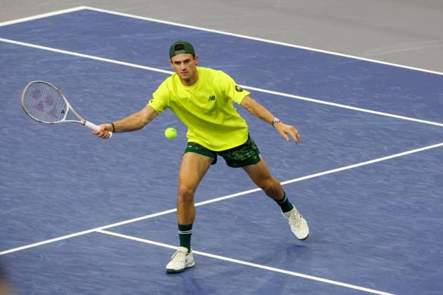FRISCO, TX - FEBRUARY 08: Tommy Paul (USA) hits a volley during the semifinals of the Dallas Open on February 8, 2025 at Ford Center at The Star in Frisco, TX. (Photo by George Walker Icon Sportswire) TENNIS: FEB 08 Dallas Open EDITORIAL USE ONLY Icon250208095