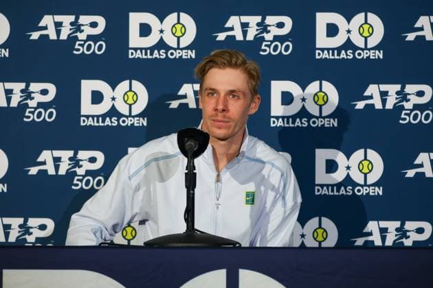 FRISCO, TX - FEBRUARY 08: Denis Shapovalov (CAN) talks to the press after winning his semifinal match of the Dallas Open on February 8, 2025 at Ford Center at The Star in Frisco, TX. (Photo by George Walker Icon Sportswire) TENNIS: FEB 08 Dallas Open EDITORIAL USE ONLY Icon250208113
