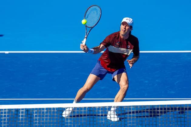 DELRAY BEACH, FL - FEBRUARY 08: Tommy Haas (GER) in action during the Legends Doubles match against Mike Bryan (USA) and Bob Bryan (USA) at the Delray Beach Open on February 8, 2025, at the Delray Beach Stadium & Tennis Center in Delray Beach, Florida.(Photo by Chris Arjoon Icon Sportswire) TENNIS: FEB 08 Delray Beach Open EDITORIAL USE ONLY Icon250208001140