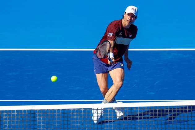 DELRAY BEACH, FL - FEBRUARY 08: Tommy Haas (GER) in action during the Legends Doubles match against Mike Bryan (USA) and Bob Bryan (USA) at the Delray Beach Open on February 8, 2025, at the Delray Beach Stadium & Tennis Center in Delray Beach, Florida.(Photo by Chris Arjoon Icon Sportswire) TENNIS: FEB 08 Delray Beach Open EDITORIAL USE ONLY Icon250208001141