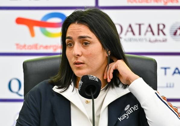 Ons Jabeur of Tunisia press conference, PK, Pressekonferenz Ons Jabeur of Tunisia talks to the media during a press conference ahead of the WTA, Tennis Damen Qatar TotalEnergies Open 2025 tennis tournament at the Khalifa International Tennis Complex in Doha, Qatar, on February 09, 2025. DOHA Qatar Copyright: xNoushadxThekkayilx