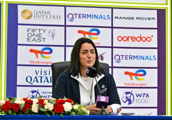 Ons Jabeur of Tunisia press conference, PK, Pressekonferenz Ons Jabeur of Tunisia talks to the media during a press conference ahead of the WTA, Tennis Damen Qatar TotalEnergies Open 2025 tennis tournament at the Khalifa International Tennis Complex in Doha, Qatar, on February 09, 2025. DOHA Qatar Copyright: xNoushadxThekkayilx