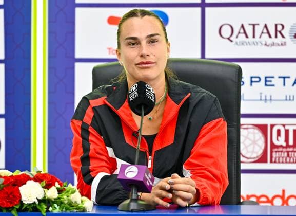Aryna Sabalenka of Belarus press conference, PK, Pressekonferenz Aryna Sabalenka of Belarus talks to the media during a press conference ahead of the WTA, Tennis Damen Qatar TotalEnergies Open 2025 tennis tournament at the Khalifa International Tennis Complex in Doha, Qatar, on February 09, 2025. DOHA Qatar Copyright: xNoushadxThekkayilx