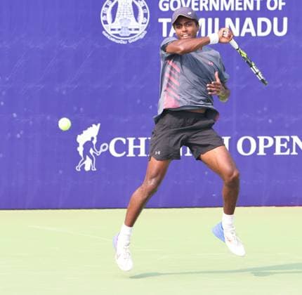 Chennai Open 2025: Singles Finals : Elias YMER (SWE) vs Kyrian JACQUET (FRA) Kyrian JACQUET (FRA) leading as of now Kyrian JACQUET (FRA) in action Kyrian JACQUET (FRA) won by 7-6(!) & 6-4 Chennai SDAT Stadium INDIA Copyright: xSeshadrixSukumarx