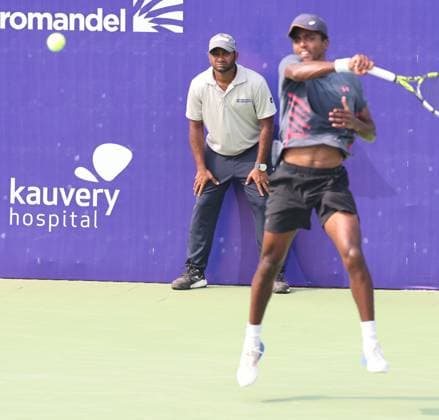 Chennai Open 2025: Singles Finals : Elias YMER (SWE) vs Kyrian JACQUET (FRA) Kyrian JACQUET (FRA) leading as of now Kyrian JACQUET (FRA) in action Kyrian JACQUET (FRA) won by 7-6(!) & 6-4 Chennai SDAT Stadium INDIA Copyright: xSeshadrixSukumarx