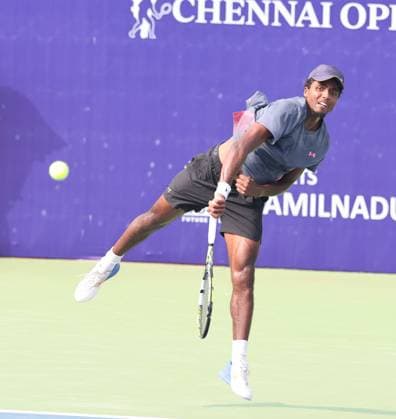 Chennai Open 2025: Singles Finals : Elias YMER (SWE) vs Kyrian JACQUET (FRA) Kyrian JACQUET (FRA) leading as of now Kyrian JACQUET (FRA) in action Kyrian JACQUET (FRA) won by 7-6(!) & 6-4 Chennai SDAT Stadium INDIA Copyright: xSeshadrixSukumarx