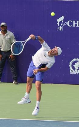 Chennai Open 2025: Singles Finals : Elias YMER (SWE) vs Kyrian JACQUET (FRA) Kyrian JACQUET (FRA) leading as of now Kyrian JACQUET (FRA) in action Kyrian JACQUET (FRA) won by 7-6(!) & 6-4 Chennai SDAT Stadium INDIA Copyright: xSeshadrixSukumarx
