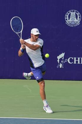 Chennai Open 2025: Singles Finals : Elias YMER (SWE) vs Kyrian JACQUET (FRA) Kyrian JACQUET (FRA) leading as of now Kyrian JACQUET (FRA) in action Kyrian JACQUET (FRA) won by 7-6(!) & 6-4 Chennai SDAT Stadium INDIA Copyright: xSeshadrixSukumarx
