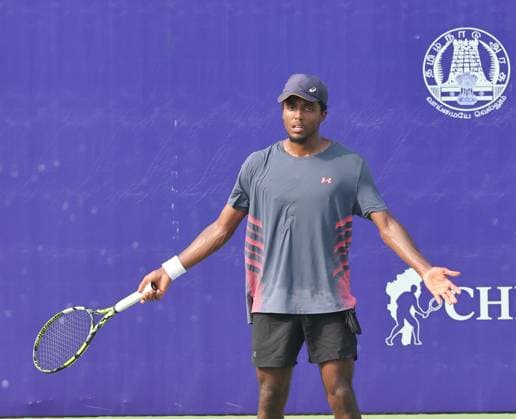 Chennai Open 2025: Singles Finals : Elias YMER (SWE) vs Kyrian JACQUET (FRA) Kyrian JACQUET (FRA) leading as of now Kyrian JACQUET (FRA) in action Kyrian JACQUET (FRA) won by 7-6(!) & 6-4 Chennai SDAT Stadium INDIA Copyright: xSeshadrixSukumarx