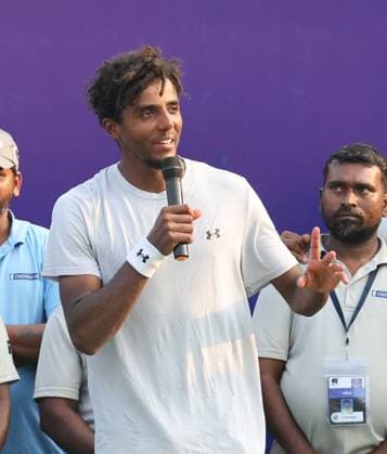 Chennai Open 2025: Singles Finals : Elias YMER (SWE) vs Kyrian JACQUET (FRA) Kyrian JACQUET (FRA) Kyrian JACQUET (FRA) won by 7-6(1) & 6-4 And became Chennai Open Champion Chennai SDAT Stadium INDIA Copyright: xSeshadrixSukumarx