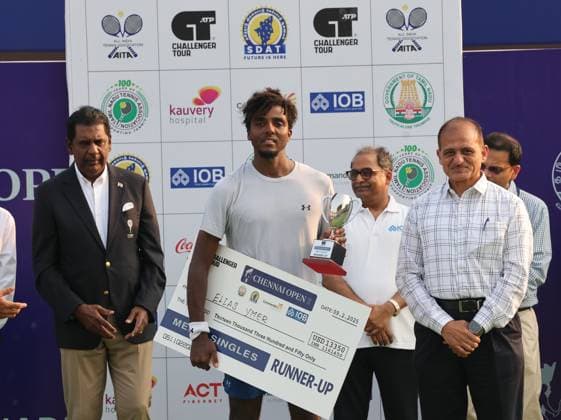 Chennai Open 2025: Singles Finals : Elias YMER (SWE) vs Kyrian JACQUET (FRA) Kyrian JACQUET (FRA) Kyrian JACQUET (FRA) won by 7-6(1) & 6-4 And became Chennai Open Champion Chennai SDAT Stadium INDIA Copyright: xSeshadrixSukumarx