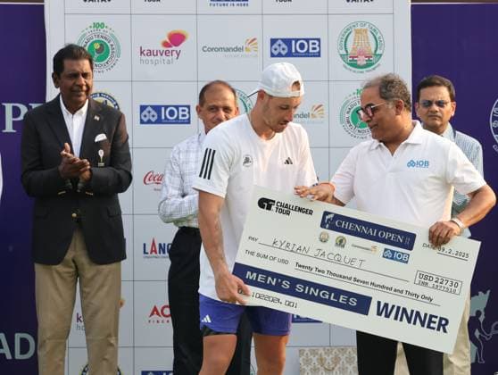 Chennai Open 2025: Singles Finals : Elias YMER (SWE) vs Kyrian JACQUET (FRA) Kyrian JACQUET (FRA) Kyrian JACQUET (FRA) won by 7-6(1) & 6-4 And became Chennai Open Champion Chennai SDAT Stadium INDIA Copyright: xSeshadrixSukumarx
