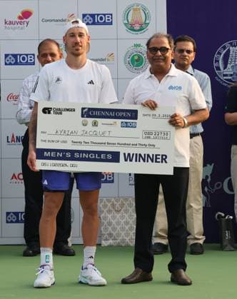Chennai Open 2025: Singles Finals : Elias YMER (SWE) vs Kyrian JACQUET (FRA) Kyrian JACQUET (FRA) Kyrian JACQUET (FRA) won by 7-6(1) & 6-4 And became Chennai Open Champion Chennai SDAT Stadium INDIA Copyright: xSeshadrixSukumarx