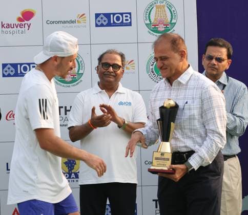 Chennai Open 2025: Singles Finals : Elias YMER (SWE) vs Kyrian JACQUET (FRA) Kyrian JACQUET (FRA) Kyrian JACQUET (FRA) won by 7-6(1) & 6-4 And became Chennai Open Champion Chennai SDAT Stadium INDIA Copyright: xSeshadrixSukumarx