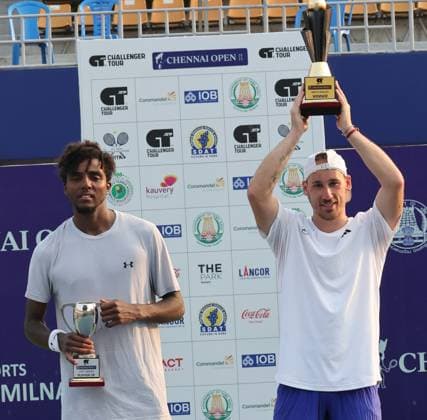 Chennai Open 2025: Singles Finals : Elias YMER (SWE) vs Kyrian JACQUET (FRA) Kyrian JACQUET (FRA) Kyrian JACQUET (FRA) won by 7-6(1) & 6-4 And became Chennai Open Champion Chennai SDAT Stadium INDIA Copyright: xSeshadrixSukumarx