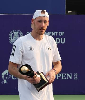 Chennai Open 2025: Singles Finals : Elias YMER (SWE) vs Kyrian JACQUET (FRA) Kyrian JACQUET (FRA) Kyrian JACQUET (FRA) won by 7-6(1) & 6-4 And became Chennai Open Champion Chennai SDAT Stadium INDIA Copyright: xSeshadrixSukumarx