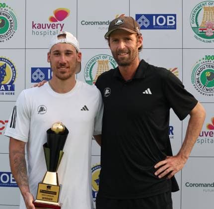 Chennai Open 2025: Singles Finals : Elias YMER (SWE) vs Kyrian JACQUET (FRA) Kyrian JACQUET (FRA) Kyrian JACQUET (FRA) won by 7-6(1) & 6-4 And became Chennai Open Champion Chennai SDAT Stadium INDIA Copyright: xSeshadrixSukumarx