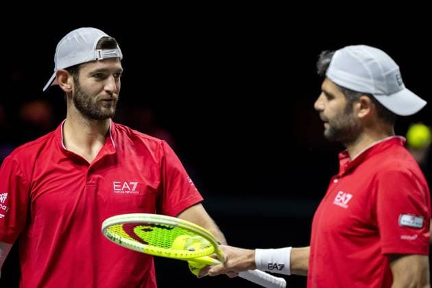 ROTTERDAM - Simone Bolelli (ITA) and Andrea Vavassori (ITA) in action against Sander Gille (BEL) and Jan Zielinski (POL) during the final doubles match on the seventh day of the ABN AMRO Open tennis tournament in Ahoy. ANP SANDER KING ABN AMRO Open - Day Seven 2025 xVIxANPxSportx xxANPxIVx 519515864 originalFilename: 519515864.jpg
