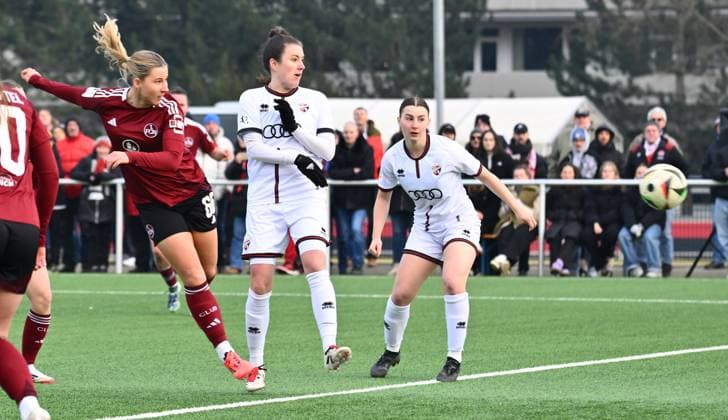 09 02 2025 Soccer Season 2024 2025 2 Women Soccer Bundesliga 14 Matchday 1 FC Nürnberg FCN Club Clubfrauen FC Ingolstadt 04 FCI Sportfoto Zink xwoxzix Meret Günster Guenster 66, 1 FC Nürnberg FCN scores Goal Goal Shot for 2 1 against Anna Lena Fritz 19, FC Ingolstadt 04 FCI Emma Kusch 9, FC Ingolstadt 04 FCI