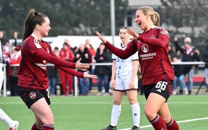 09 02 2025 Soccer season 2024 2025 2 Women Soccer Bundesliga 14 Matchday 1 FC Nürnberg FCN Club Clubfrauen FC Ingolstadt 04 FCI Sportfoto Zink xwoxzix Goal celebration Joy after goal Goal shot to 2 1 by Meret Günster Guenster 66, 1 FC Nürnberg FCN Jacqueline Baumgärtel 20, 1 FC Nürnberg FCN Meret Günster Guenster 66, 1 FC Nürnberg FCN
