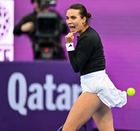 WTA, Tennis Damen QATAR OPEN TENNIS TOURNAMENT FIRST ROUND Elena-Gabriela Ruse of Romania competes in her 1st round match against Maria Sakkari of Greece during the WTA Qatar TotalEnergies Open 2025 tennis tournament at the Khalifa International Tennis Complex in Doha, Qatar, on February 09, 2025. Copyright: xNOUSHADx