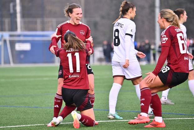 09 02 2025 Soccer Season 2024 2025 2 Women Soccer Bundesliga 14 Matchday 1 FC Nürnberg FCN Club Clubfrauen FC Ingolstadt 04 FCI Sportfoto Zink xwoxzix Goal celebration Joy after goal Goal shot to 3 2 duch Nastassja Lein 24, 1 FC Nürnberg FCN Lara Meroni 11, 1 FC Nürnberg FCN Nastassja Lein 24, 1 FC Nürnberg FCN Meret Günster Guenster 66, 1 FC Nürnberg FCN