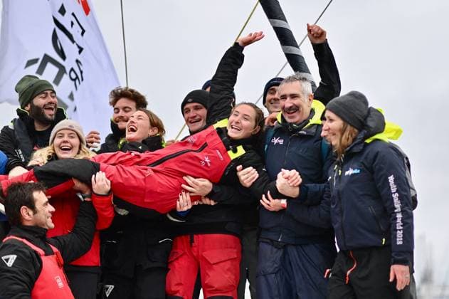 Bilder des Jahres 2025, Sport 02 Februar Sport Themen der Woche KW06 Sport Bilder des Tages Segeln, Vendee Globe, Ankunft von Violette Dorange Violette Dorange, Youngest Ever Skipper Completes Vendee Globe French skipper Violette Dorange celebrates on her Imoca monohull Devenir after placing 25th in the 10th edition of the Vendee Globe around the world monohull solo sailing race in Les Sables-d Olonne, western France, on February 9, 2025. Photo by Franck Castel ABACAPRESS.COM Les Sables-d Olonne France  Copyright: xCastelxFranck ABACAx