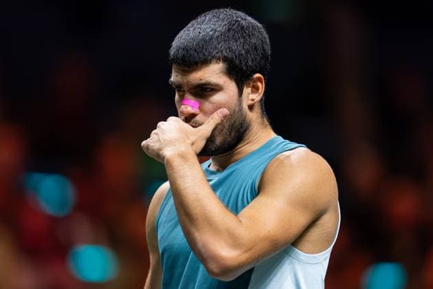 2025-02-09 ABN AMRO Open Day Seven ROTTERDAM, NETHERLANDS - FEBRUARY 9: Carlos Alcaraz of Spain reacts during Day Seven of the ABN AMRO Open at Rotterdam Ahoy on February 9, 2025 in Rotterdam, Netherlands. (Photo by Joris Verwijst BSR Agency) Rotterdam Netherlands Content not available for redistribution in The Netherlands directly or indirectly through any third parties. Copyright: xBSRxAgencyx