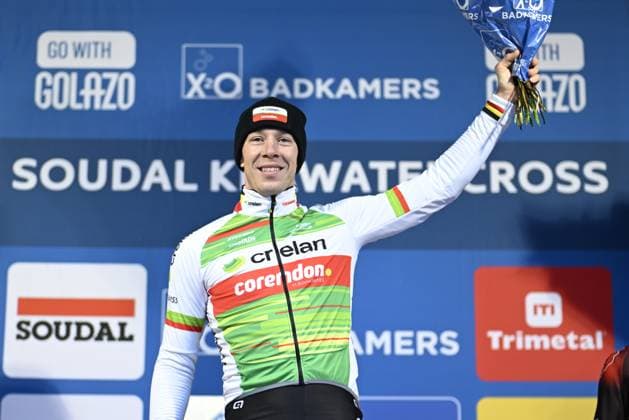 Belgian Laurens Sweeck pictured on the podium after the men s elite race of the Krawatencross cyclocross in Lille, stage 7 (out of 8) in the X2O Trofee Veldrijden competition, . JASPERxJACOBS  x112081607x