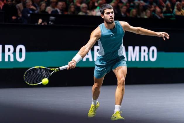2025-02-09 ABN AMRO Open Day Seven ROTTERDAM, NETHERLANDS - FEBRUARY 9: Carlos Alcaraz of Spain in action during Day Seven of the ABN AMRO Open at Rotterdam Ahoy on February 9, 2025 in Rotterdam, Netherlands. (Photo by Joris Verwijst BSR Agency) Rotterdam Netherlands Content not available for redistribution in The Netherlands directly or indirectly through any third parties. Copyright: xBSRxAgencyx