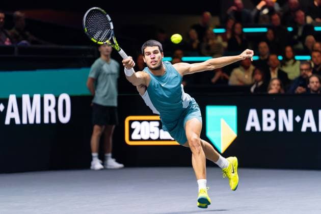 2025-02-09 ABN AMRO Open Day Seven ROTTERDAM, NETHERLANDS - FEBRUARY 9: Carlos Alcaraz of Spain in action during Day Seven of the ABN AMRO Open at Rotterdam Ahoy on February 9, 2025 in Rotterdam, Netherlands. (Photo by Joris Verwijst BSR Agency) Rotterdam Netherlands Content not available for redistribution in The Netherlands directly or indirectly through any third parties. Copyright: xBSRxAgencyx