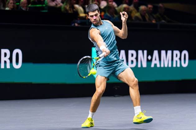 2025-02-09 ABN AMRO Open Day Seven ROTTERDAM, NETHERLANDS - FEBRUARY 9: Carlos Alcaraz of Spain in action during Day Seven of the ABN AMRO Open at Rotterdam Ahoy on February 9, 2025 in Rotterdam, Netherlands. (Photo by Joris Verwijst BSR Agency) Rotterdam Netherlands Content not available for redistribution in The Netherlands directly or indirectly through any third parties. Copyright: xBSRxAgencyx