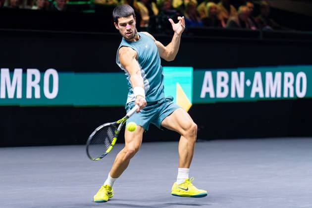 2025-02-09 ABN AMRO Open Day Seven ROTTERDAM, NETHERLANDS - FEBRUARY 9: Carlos Alcaraz of Spain in action during Day Seven of the ABN AMRO Open at Rotterdam Ahoy on February 9, 2025 in Rotterdam, Netherlands. (Photo by Joris Verwijst BSR Agency) Rotterdam Netherlands Content not available for redistribution in The Netherlands directly or indirectly through any third parties. Copyright: xBSRxAgencyx