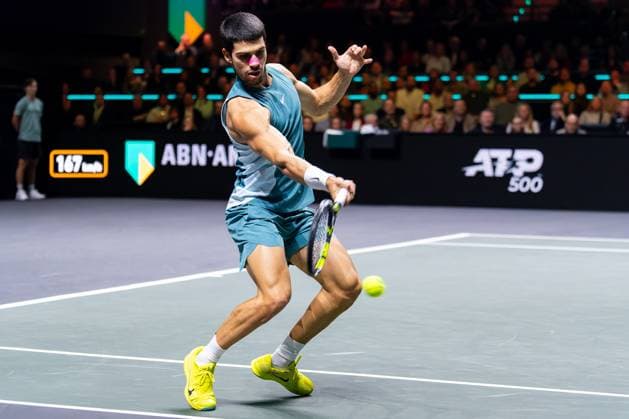 2025-02-09 ABN AMRO Open Day Seven ROTTERDAM, NETHERLANDS - FEBRUARY 9: Carlos Alcaraz of Spain in action during Day Seven of the ABN AMRO Open at Rotterdam Ahoy on February 9, 2025 in Rotterdam, Netherlands. (Photo by Joris Verwijst BSR Agency) Rotterdam Netherlands Content not available for redistribution in The Netherlands directly or indirectly through any third parties. Copyright: xBSRxAgencyx