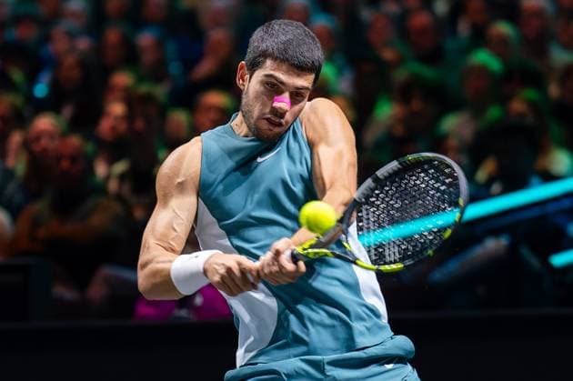 2025-02-09 ABN AMRO Open Day Seven ROTTERDAM, NETHERLANDS - FEBRUARY 9: Carlos Alcaraz of Spain in action during Day Seven of the ABN AMRO Open at Rotterdam Ahoy on February 9, 2025 in Rotterdam, Netherlands. (Photo by Joris Verwijst BSR Agency) Rotterdam Netherlands Content not available for redistribution in The Netherlands directly or indirectly through any third parties. Copyright: xBSRxAgencyx