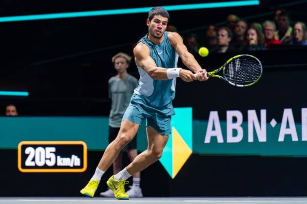 2025-02-09 ABN AMRO Open Day Seven ROTTERDAM, NETHERLANDS - FEBRUARY 9: Carlos Alcaraz of Spain in action during Day Seven of the ABN AMRO Open at Rotterdam Ahoy on February 9, 2025 in Rotterdam, Netherlands. (Photo by Joris Verwijst BSR Agency) Rotterdam Netherlands Content not available for redistribution in The Netherlands directly or indirectly through any third parties. Copyright: xBSRxAgencyx